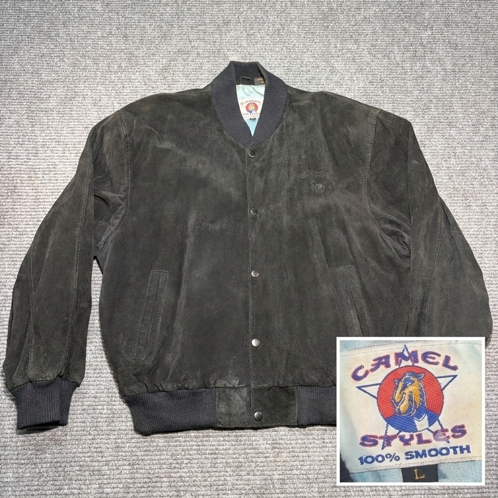Vintage Camel Styles Suede Leather Bomber Jacket Joe Camel Black Mens Sz L 1991